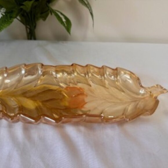 Vintage Marigold Carnival Glass Leaf Dish Iridescent Fall Decor Retro Glass Tray - Picture 6 of 6